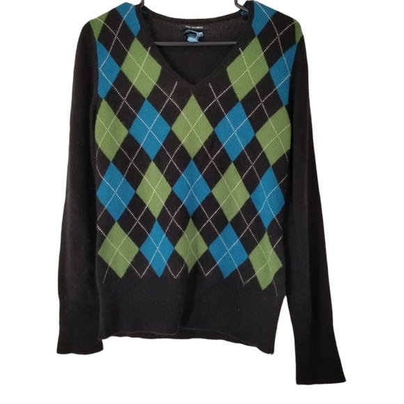 Apt. 9 Sweaters - Apt. 9 Women's Black 100% Cashmere Argyle V-Neck Pullover Sweater Size M…